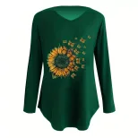 Womens Long Sleeve T Shirt V Neck Loose Fit Sunflower Print Summer Casual Wear Wholesale Availab