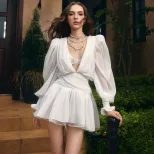 Elegant Long Sleeve Dress Sexy Deep V Neck Shiny Mesh Fabric Includes Inner Layer Perfect for Fa