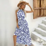 Summer Beach Vacation Floral Print Halter Dress Comfortable Fit Trendy Design Lightweight Fabric
