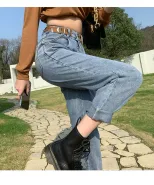 跨境哈伦牛仔裤女2023春装新款学生高腰宽松显瘦百搭萝卜老爹裤潮