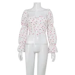 Womens Floral Crop Top Fresh Sweet French Style Puff Sleeves Square Neck Tie Detail Perfect for