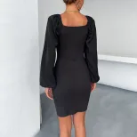 Black Long Sleeve V Neck Bodycon Dress for Women Stylish Casual Wear in Multiple Sizes