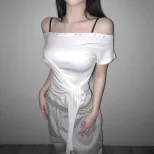 Off Shoulder Crop Top Slim Fit Short Sleeve Casual Summer Style low MOQ ready to ship