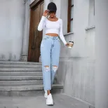 Womens Casual Loose Straight Leg Ripped Denim Jeans European and American Style Perfect for Ever