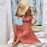 Summer Casual Ruffle Bodycon Dress in Solid Color for Vacation Available in Redwood Wholesale Sizes S to XL