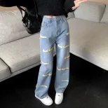 刺绣直筒牛仔裤女2023春秋新款学生甜美可爱设计感宽松拖地长裤潮