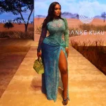 Fresh European Style Womens Dress Breathable Mesh Fitted Waist Long Sleeve Round Neck Split Hem