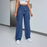 Loose Fit Wide Leg Denim Trousers for Women Large Pockets Casual Style Comfortable Fabric Availa