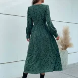 Long Sleeve Leopard Print Maxi Dress Green Color Trendy Design Autumn Fashion Wholesale Availabl