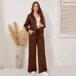 Womens Black Casual Tracksuit Slim Fit Fleece Lined Hooded Double Zipper Long Pants Autumn Winte