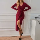 V Neck Midi Dress Elegant Long Sleeve High Slit French Style Perfect for Parties and Events Whol