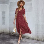 Womens Summer Dress Short Sleeve V Neck Button Design Polka Dot Pattern Casual Midi Length