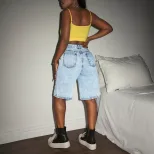 Fashionable Womens Denim Shorts Flame Print Letter Design Casual Style Available for Wholesale