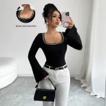 Black Square Neck Long Sleeve T Shirt for Women with Pearl Decor and Flared Sleeves Slim Fit for Casual Wear Wholesale