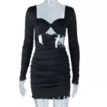 Long Sleeve Square Neck Bodycon Dress Solid Color Ruched Backless Slim Fit Stylish for Parties o