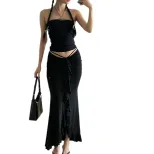 Elegant French Style High Waisted Midi Skirt Slim Fit Ruffled Hem Lace Up Design Perfect for Cas