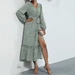 Long Sleeve Floral Maxi Dress for Women Green Print Elegant Autumn Winter Wear ready to ship