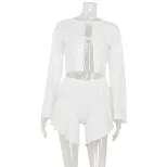 Summer Casual Two Piece Set Loose Fit Cardigan Top with Drawstring and Shorts Comfortable Home W