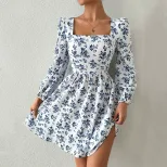 Elegant French Style Square Neck Dress High Waist Backless Floral Print Spring Summer Casual Wea