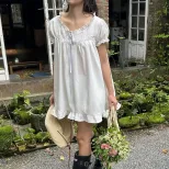 French Style Loose Fit Short Sleeve Dress with Ruffle Trim Elegant Versatile Summer Fashion Whol