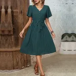 Womens Vintage Pleated Dress Dark Green Elegant Fit Summer Occasion private label