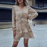 Leopard Print Long Sleeve Dress Elegant Cake Skirt Design Perfect for Autumn and Winter Events W