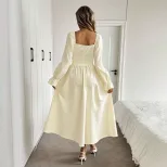 Womens A Line Long Sleeve Dress Square Neck Tie Waist Pleated Flattering Fit Elegant Casual Wear