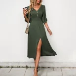 Elegant V Neck Flare Sleeve Midi Dress Solid Color Summer Style Perfect for Casual or Formal Occ