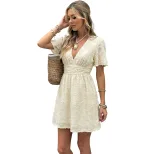 V Neck Short Dress Solid Color Jacquard Fabric Waist Defined Casual Wear for Young Women OEM Ava