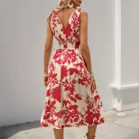 Sleeveless V Neck Floral Print Dress Red Beach Ready Lightweight Fabric Summer Vacation Style Wh