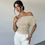 Summer Striped Short Sleeve Top One Shoulder Design Fitted Waist Versatile Knit Casual Office We