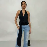 French Style Womens Summer Top Unique Halter Neck Deep V Backless Design Casual Wear for Fashion