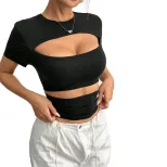 Summer Womens T Shirt Short Sleeve Hollow Out Y2K Style Solid Color Casual Wear for Everyday Use