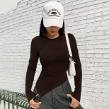 Womens Long Sleeve T Shirt Asymmetrical Neckline Slim Fit Solid Color Knitted Fabric Fall Winter