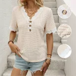 Casual Vacation Blouse Short Sleeve V Neck Lace Panel Design Relaxed Fit for Summer Wholesale Av