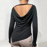 Womens Long Sleeve Solid Color Top Slim Fit Irregular Split Design Spring Summer Casual Wear Who