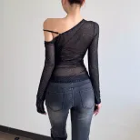 Y2K Style Womens Long Sleeve T Shirt Slim Fit Asymmetrical Shoulder Design Rhinestone Detail Spr