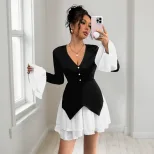 Color Block Long Sleeve Dress Black and White Casual Dating or Spring Fall Wear Wholesale Availa