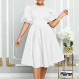A Line Dress Round Neck Puff Sleeves Waist Defined Flowy Hem Elegant Evening Wear Wholesale Avai