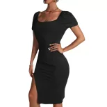 Sexy Ruched Bodycon Knit Dress Square Neck Short Sleeve Side Slit Spring Summer Fashion Wholesal