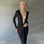 French Style Long Sleeve Deep V Neck Ruched Bodycon Dress Versatile Two Way Wear High Waist Eleg