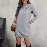 Fall Womens Long Sleeve Midi Dress Solid Color Straight Cut Comfortable Fabric Casual Wear Whole