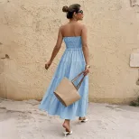Blue Strapless Maxi Cake Dress Fresh Vacation Style Perfect for Summer Events Wholesale Availabl