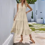 Summer Casual Midi Dress Button Detail Solid Color V Neck Sleeveless Perfect for Everyday Wear W