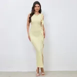Elegant Side Slit Dress in Apricot Milk Silk Fabric Sleeveless Design Perfect for Summer Events