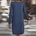 Loose Fit Solid Color Long Sleeve Dress V Neck Casual Style Spring Summer Fashion Wholesale Avai