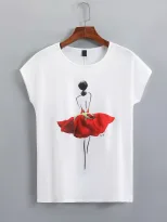 Casual Loose Fit Short Sleeve T Shirt Red Rose Floral Print Fashionable for Everyday Wear Wholes