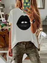 Plus Size Womens Black Short Sleeve T Shirt Lips Print Round Neck Fitted Style Casual Wear Whole