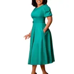 Elegant Puff Sleeve Midi Dress with Round Neckline in Green Red and Black for Women Wholesale low MOQ