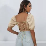 Womens Lantern Sleeve Backless Tie T Shirt Solid Color Square Neck Short Length Spring Summer Ca